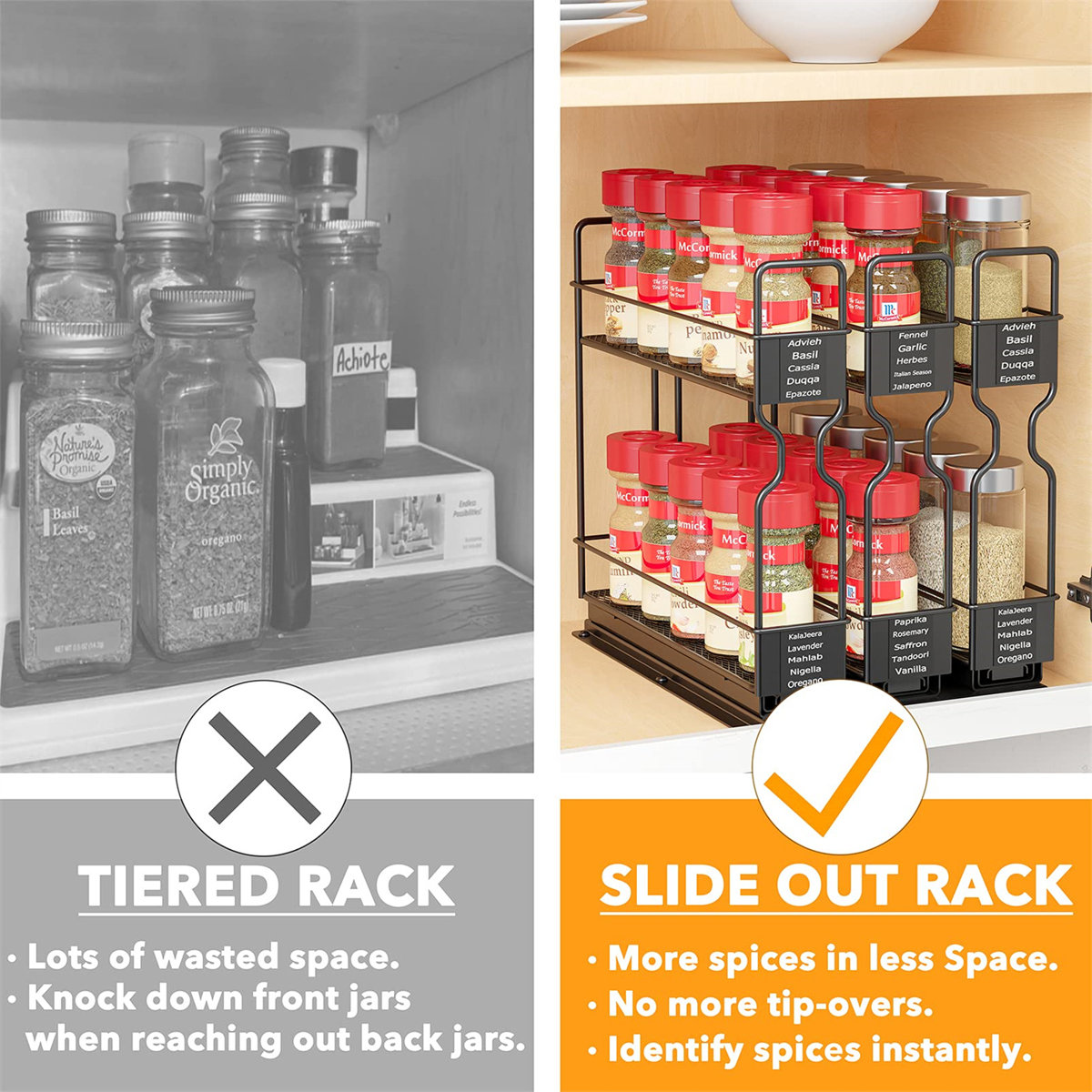 2-Tier Pull Out Spice Rack Organizer for Cabinet, Heavy Duty Slide Out Seasoning Organizer with Labels, 7.7"W x 10.75"D x 10"H, 3 Drawers